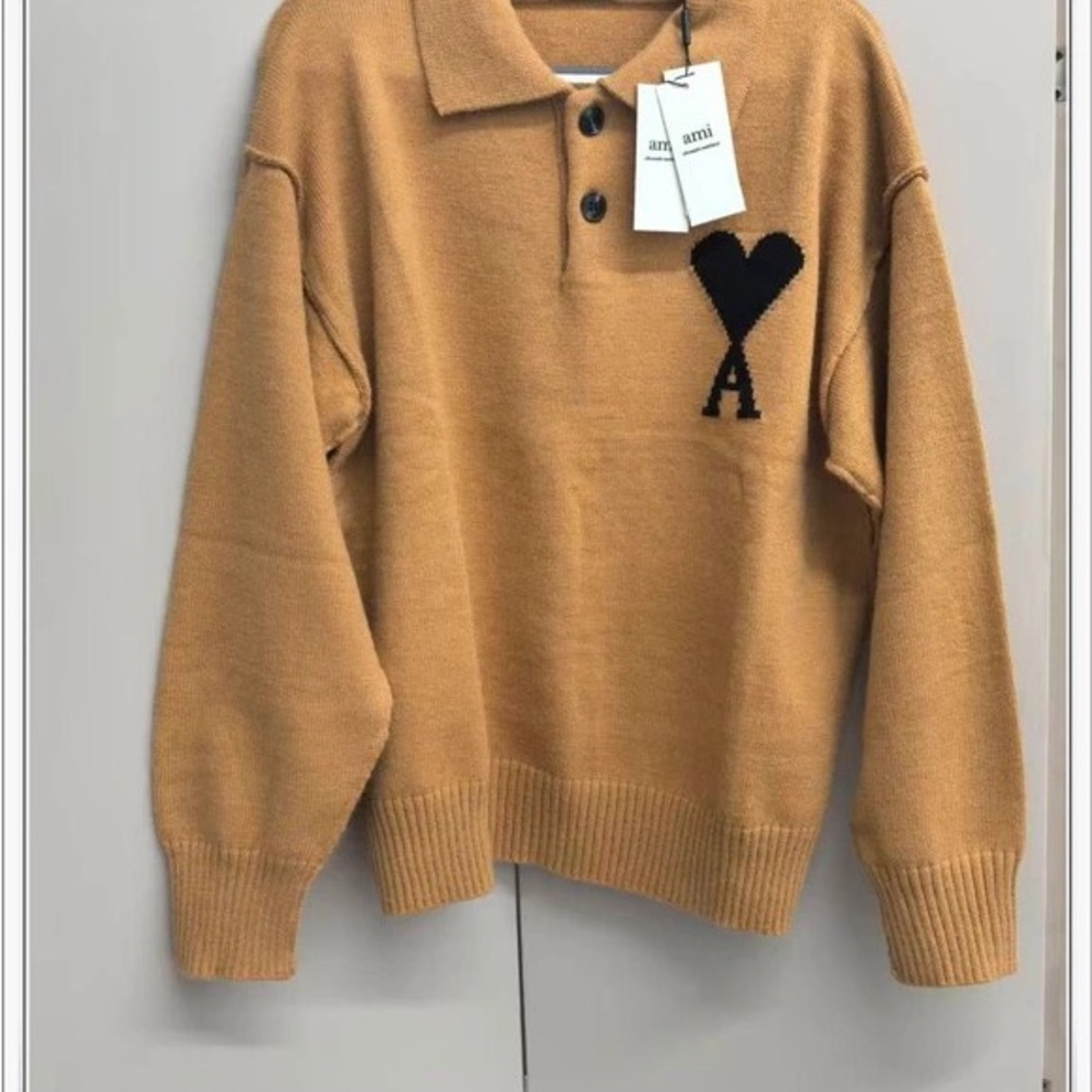 Ami Men's Tan Turtleneck with Black Heart